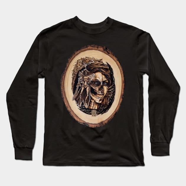 Draugr - nordic ghost pyrography print, wood texture Long Sleeve T-Shirt by BTW-byMargo